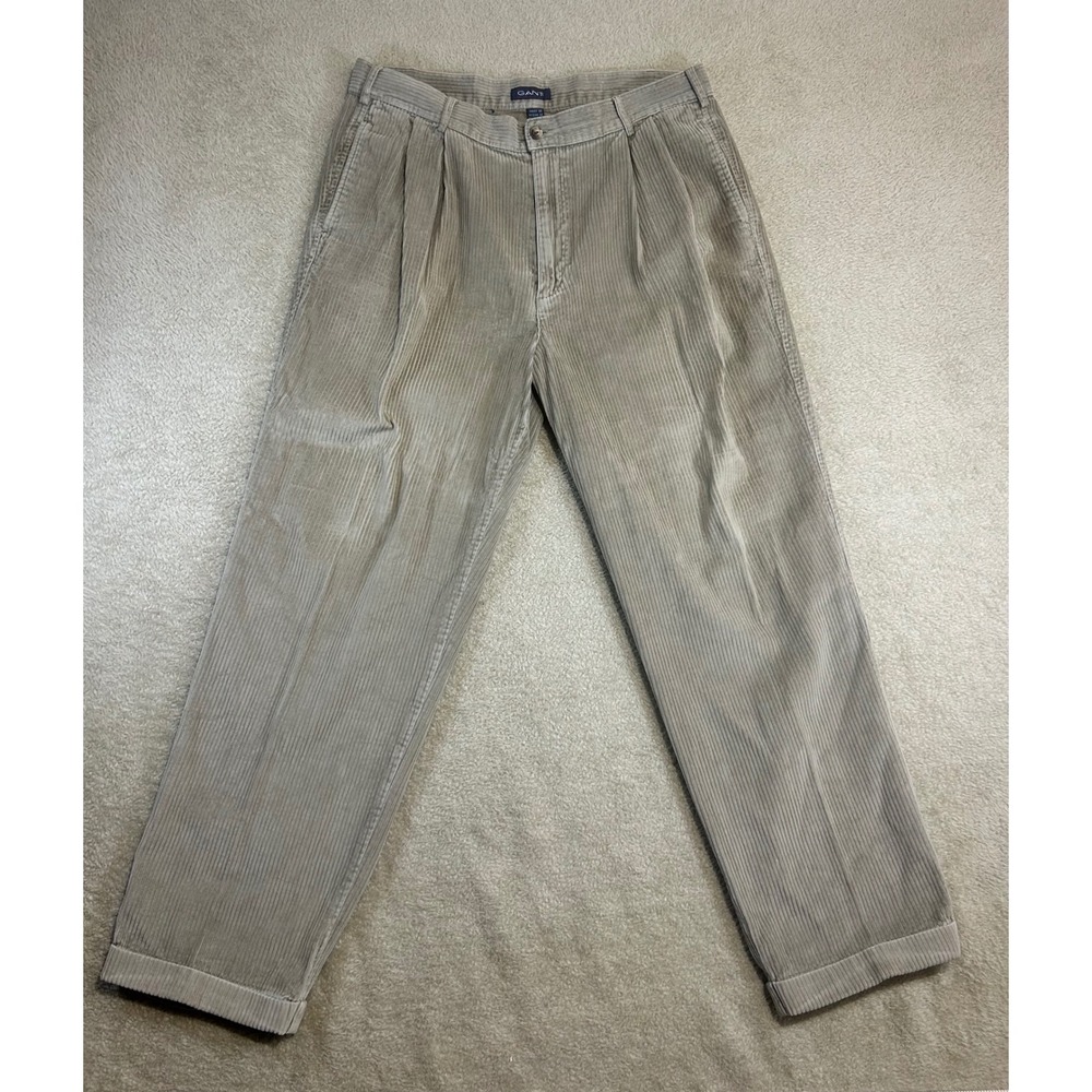 GANT Men's Tan Corduroy Pleated Relaxed Fit Trousers‎ Pants Size 38x32